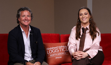 James Bell, Kia, and Megan Kelly, Deputy Editor, Automotive Logistics, on the Red Sofa at FVL North America 2026.