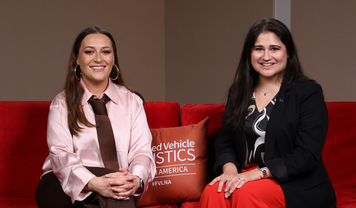 Cassandra Morgan, manager of finished vehicle logistics at Mercedes-Benz USA, and Megan Kelly, Deputy Editor, on the Red Sofa at FVL North America 2026.